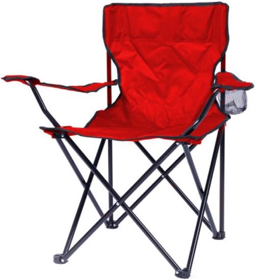 Red folding chair with black frame on a white background