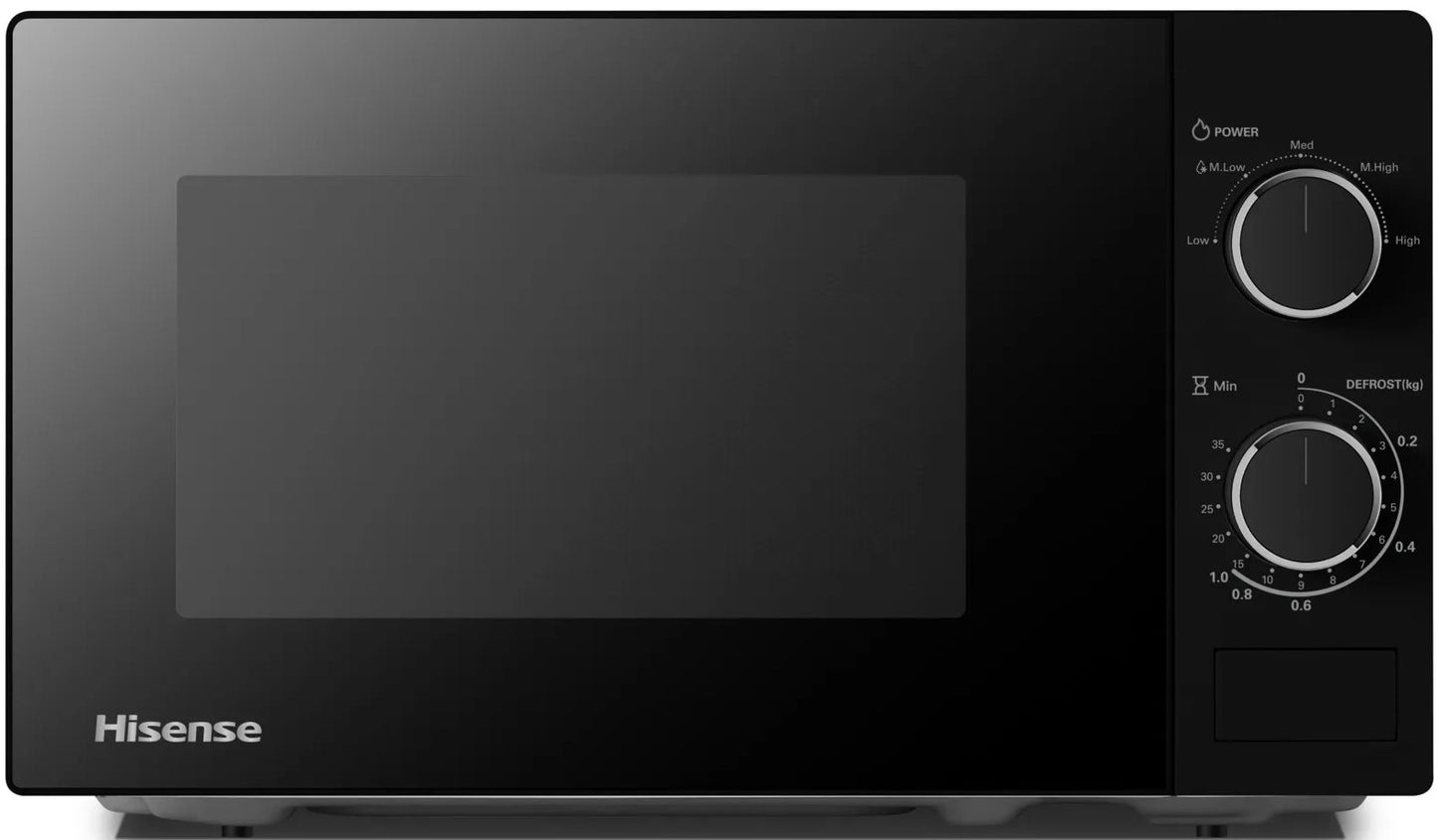 Black Hisense microwave oven with control knobs on a white background