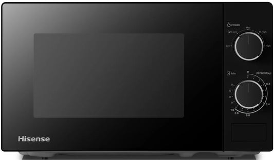 Black Hisense microwave oven with control knobs on a white background