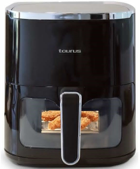 Black Taurus air fryer with food inside on a white background