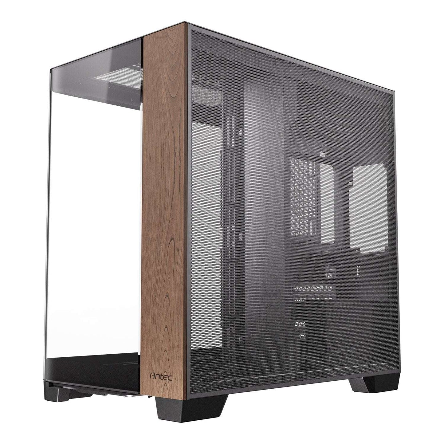 Computer case with wooden side panel and glass panels on a white background