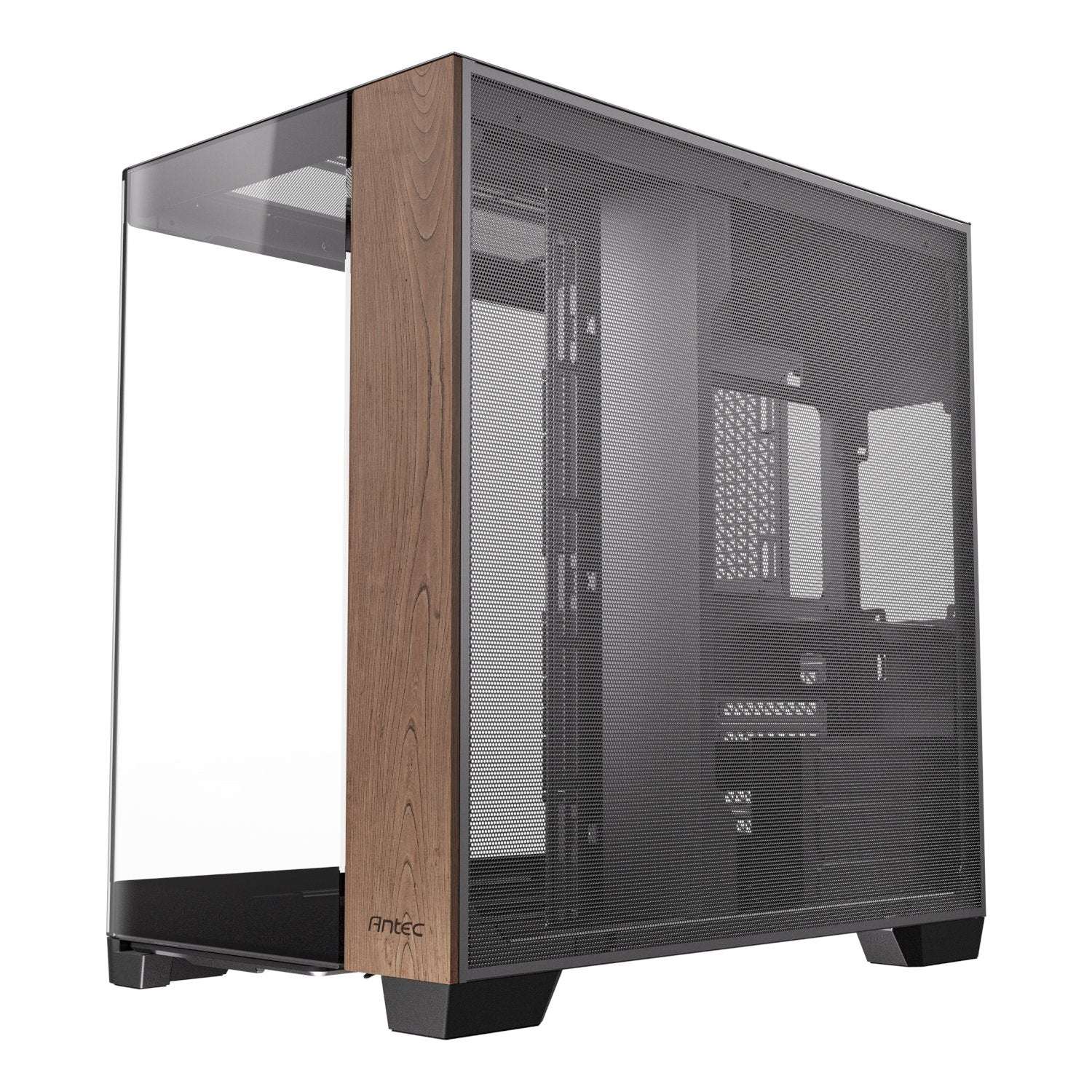 Computer case with wooden side panel and glass panels on a white background