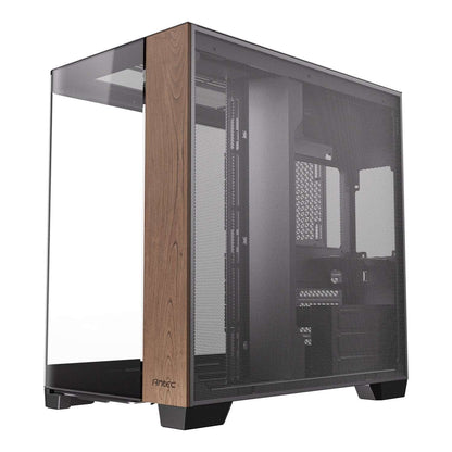 Computer case with wooden side panel and glass panels on a white background