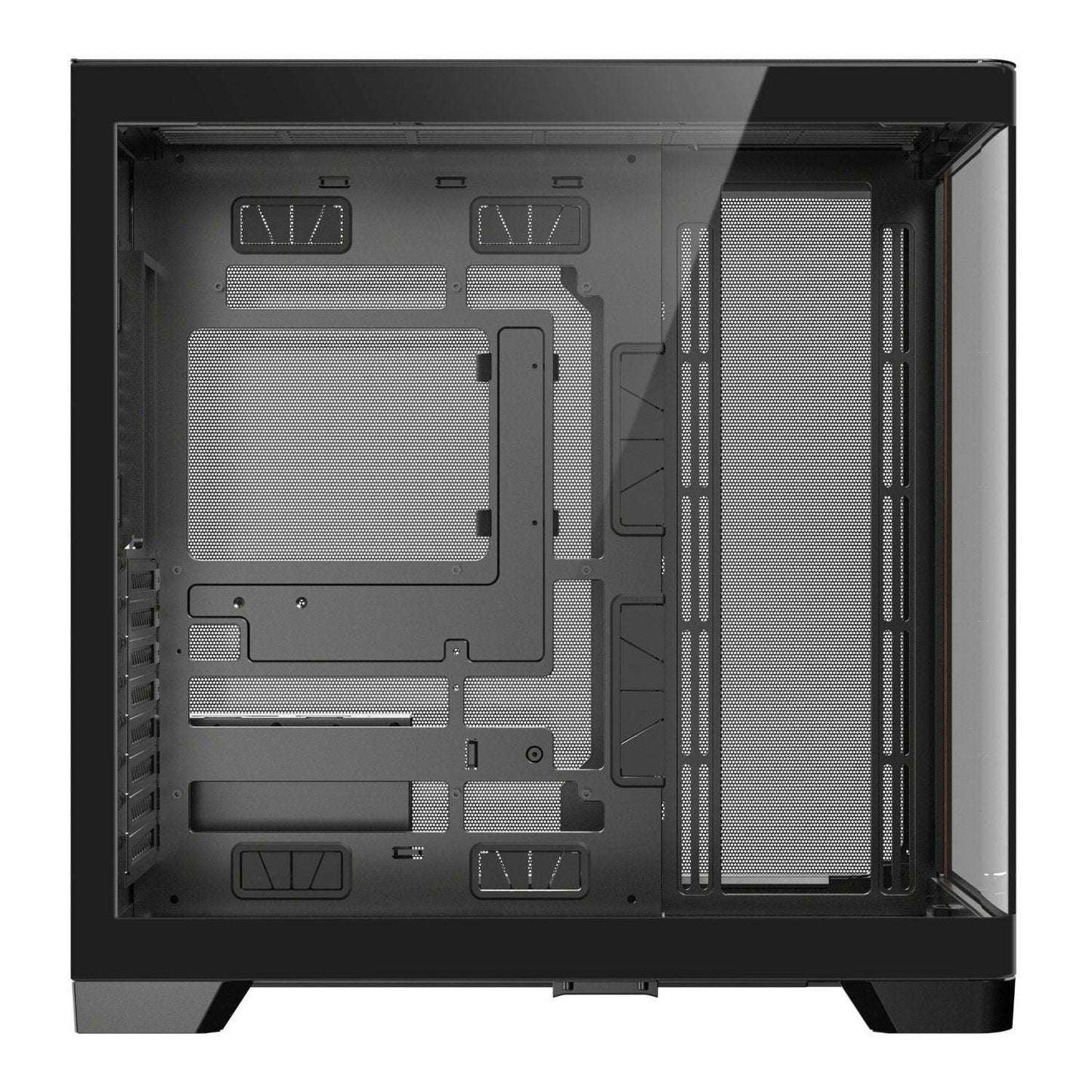 Black computer case with clear side panel on a white background