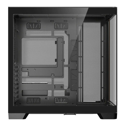 Black computer case with clear side panel on a white background