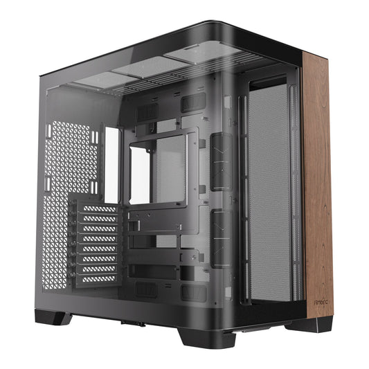 Computer case with wooden side panel on a white background