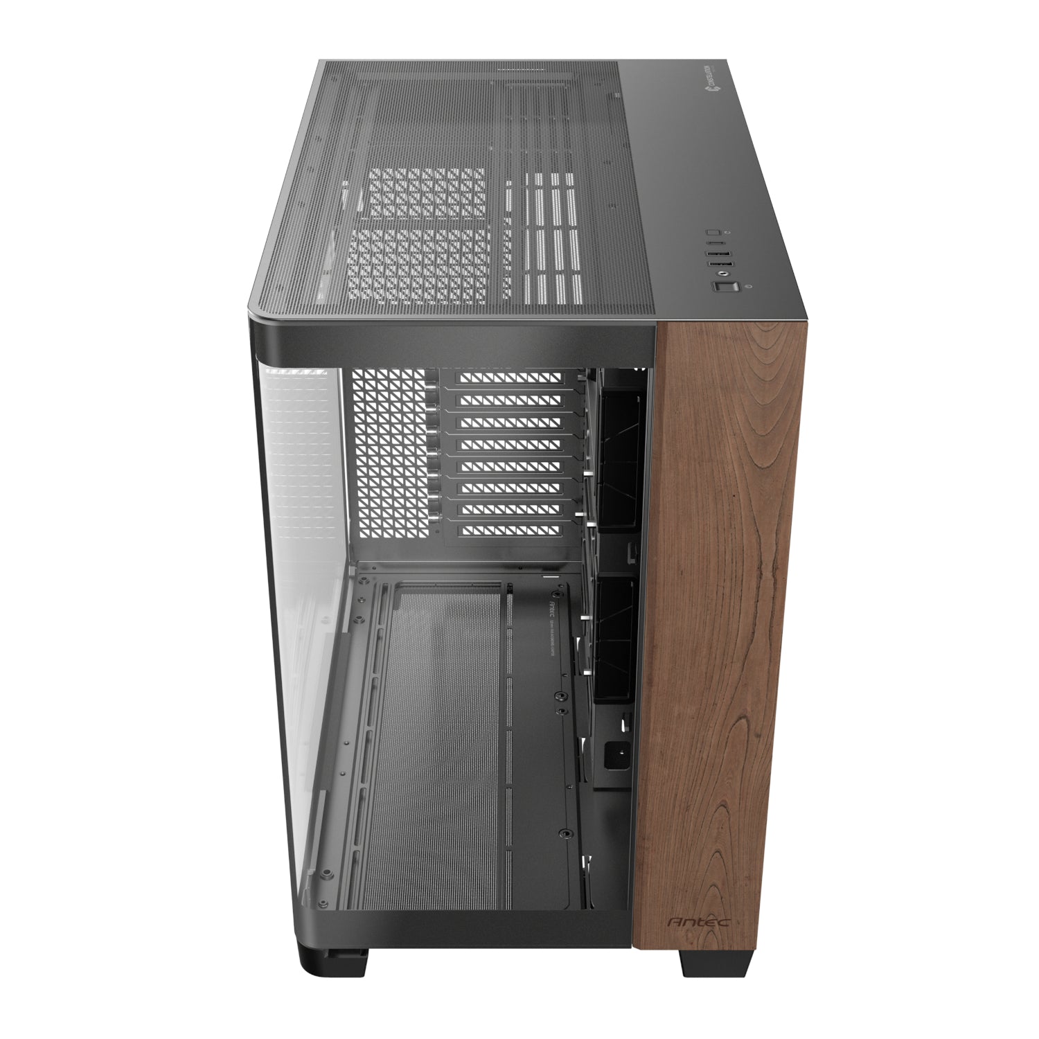 Computer case with wooden side panel on a white background