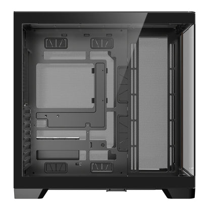 Black computer case with clear side panel on a white background