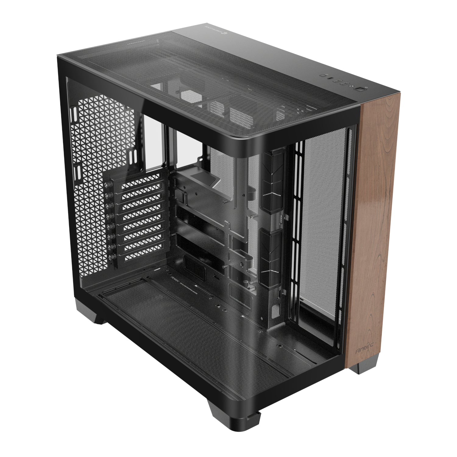 Computer case with wooden side panel on a white background