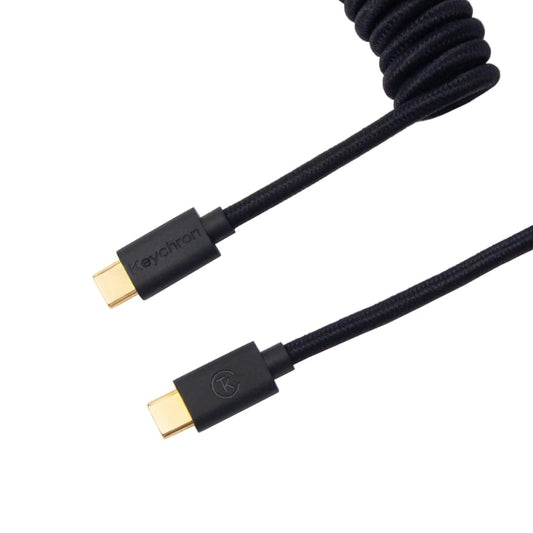 A black coiled USB cable with a type-C connector on both ends