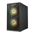 A black FSP CST130A Micro-ATX gaming chassis with a metal mesh front panel and RGB fans.