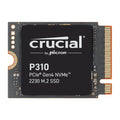 The image shows a Crucial by Micron P310 Gen4 2230 M.2 NVMe SSD with a black heat sink, orange connectors, and a visible brand logo.