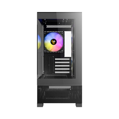 Computer case with a colorful RGB fan on a white background