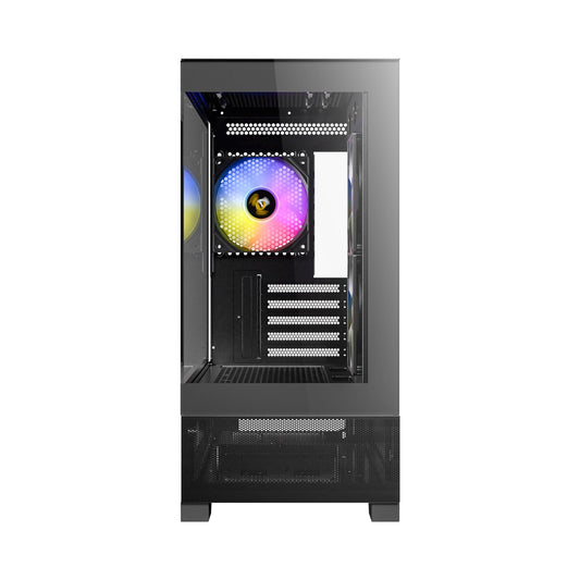 Computer case with a colorful RGB fan on a white background