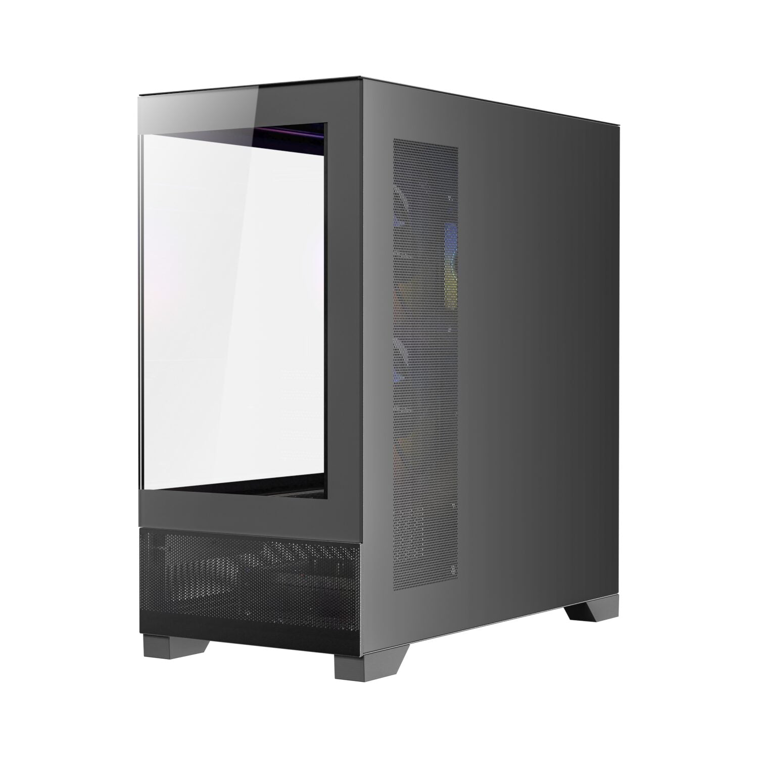 Black computer case with a clear side panel on a white background