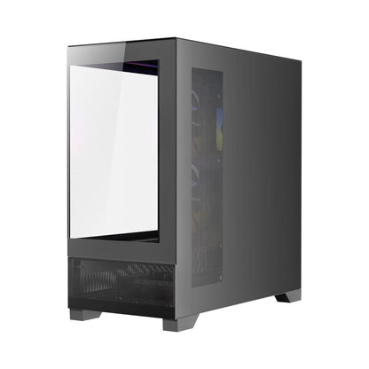 Black computer case with a clear side panel on a white background