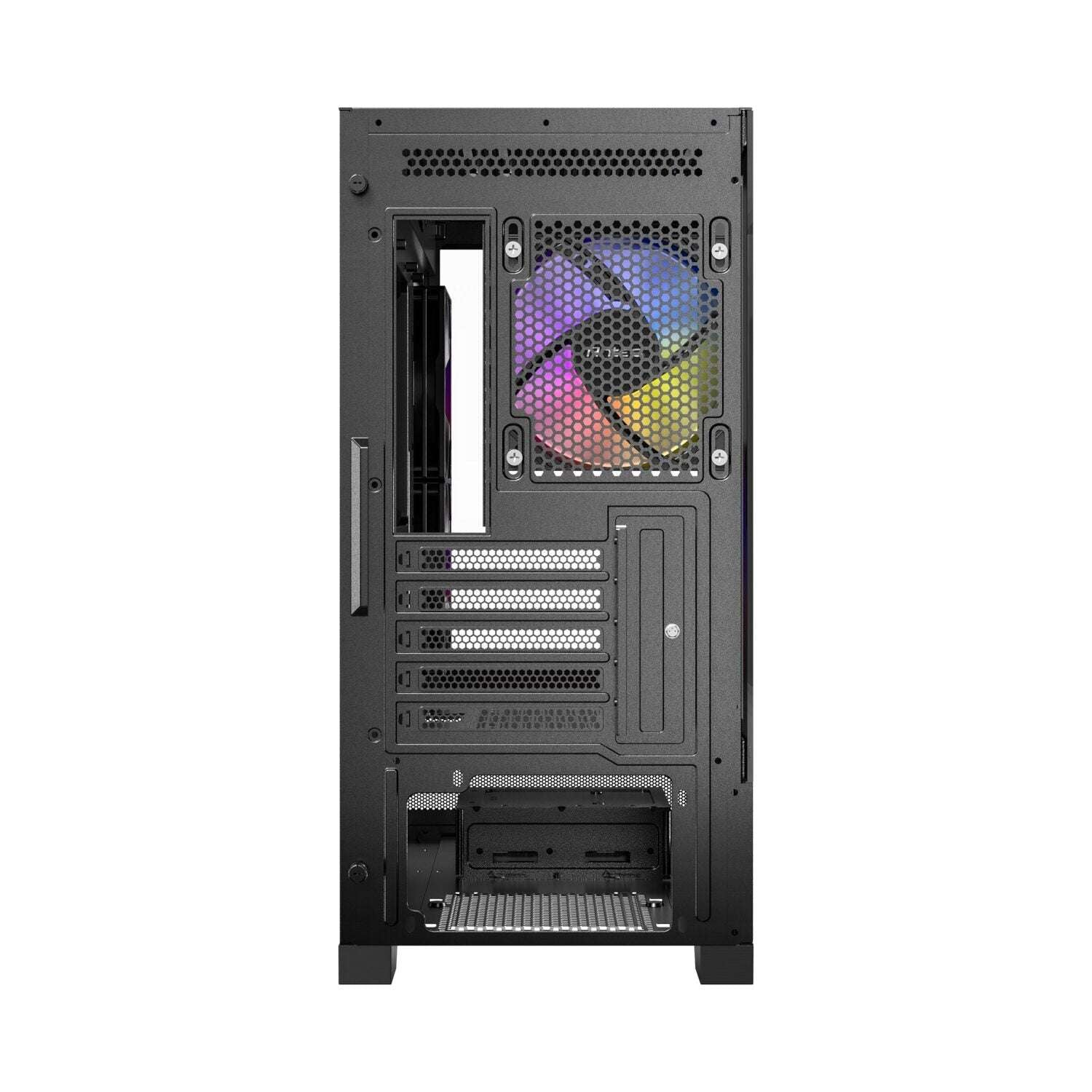 Computer case with a colorful RGB fan on a white background