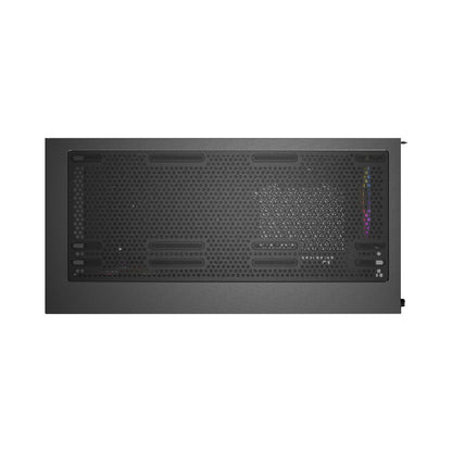 Black computer case with cooling fans on a white background