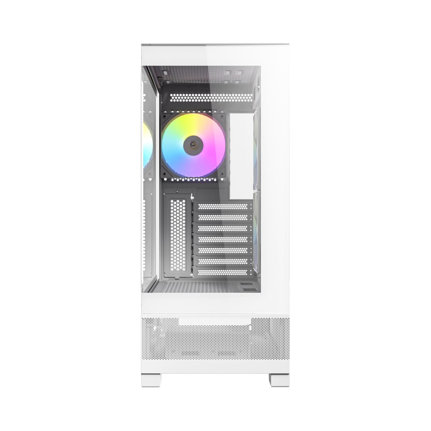 Computer case with a colorful RGB fan on a white background