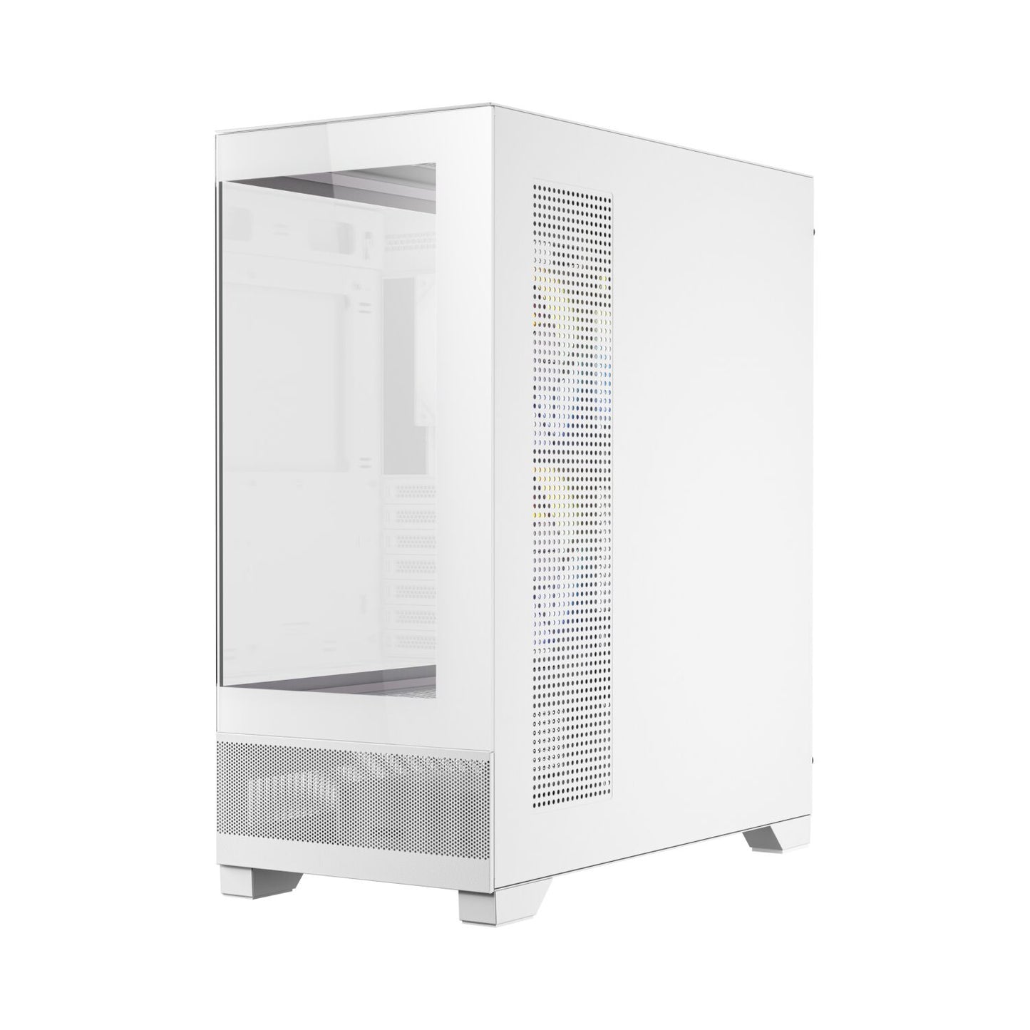 White computer case with mesh side panel on a white background