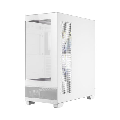 White computer case with mesh side panel on a white background