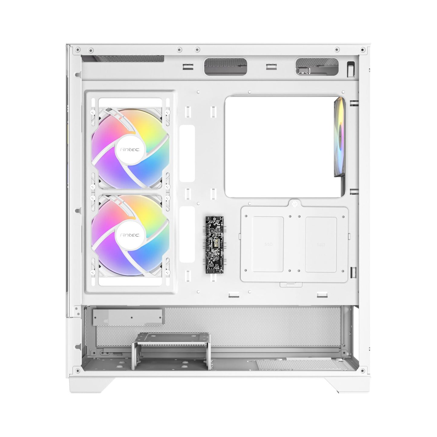 Computer case with RGB cooling fans on a white background