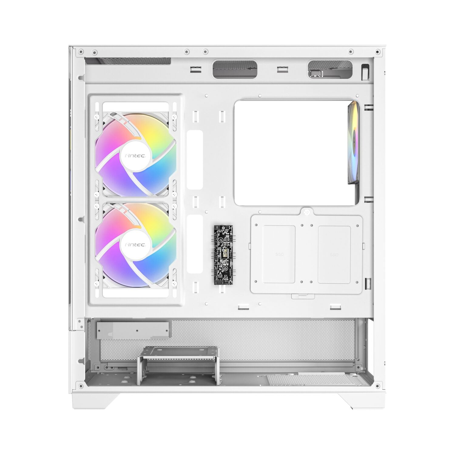 Computer case with RGB cooling fans on a white background