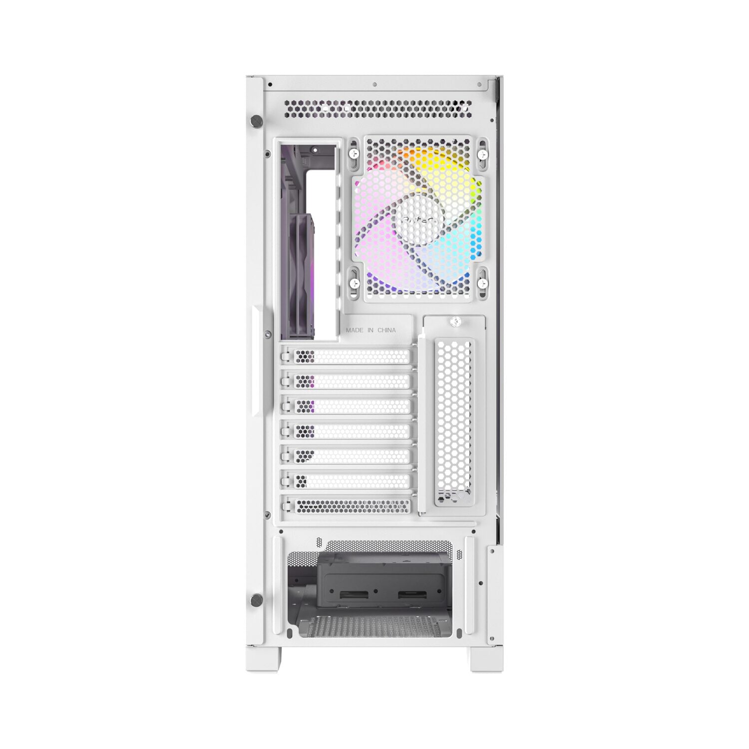 Computer case with RGB lighting on a white background