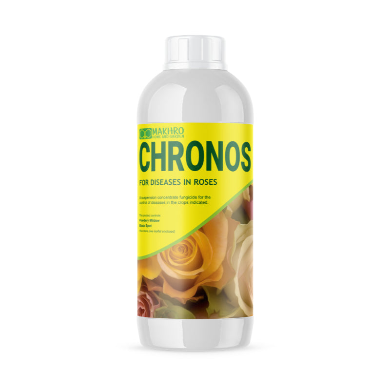 A bottle of Makhro Chronos 45 SC fungicide with a yellow label, featuring images of roses and product information.