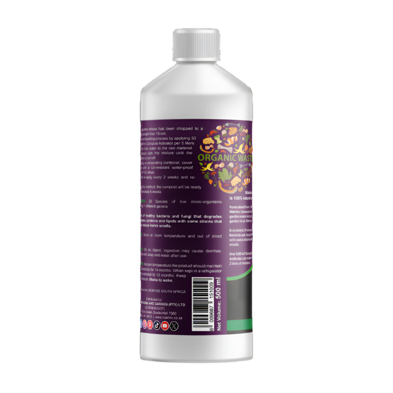 Bottle of Compost Activator with a purple label on a white background
