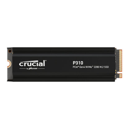 A black Crucial P310 M.2 NVMe SSD with a heatsink, displaying the capacity and technology details.
