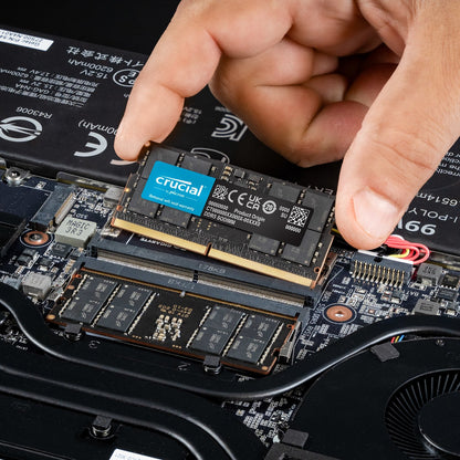 Person installing Crucial RAM module into a computer motherboard