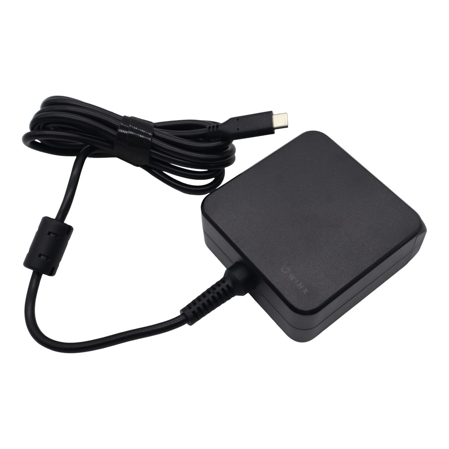 Black power adapter with USB-C cable on a white background