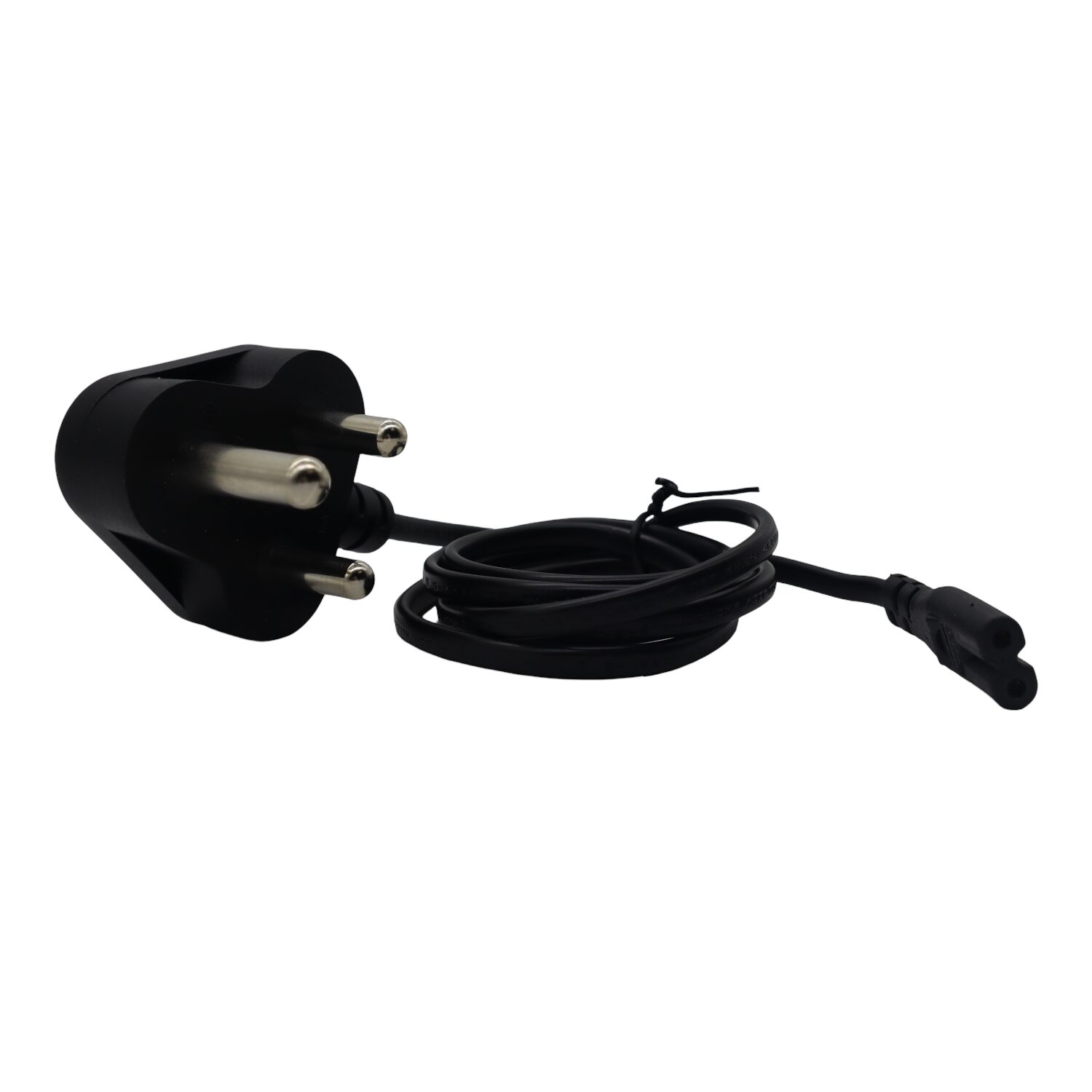 Black plug with a coiled cable on a white background