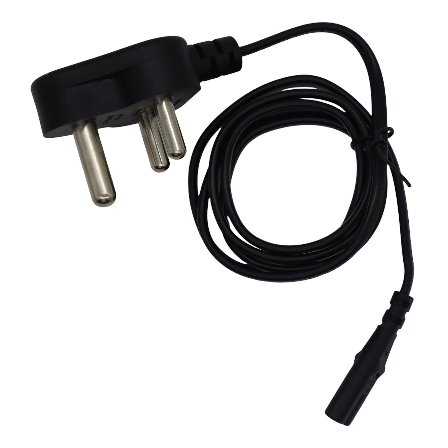 Black electrical plug with a coiled black cable on a white background