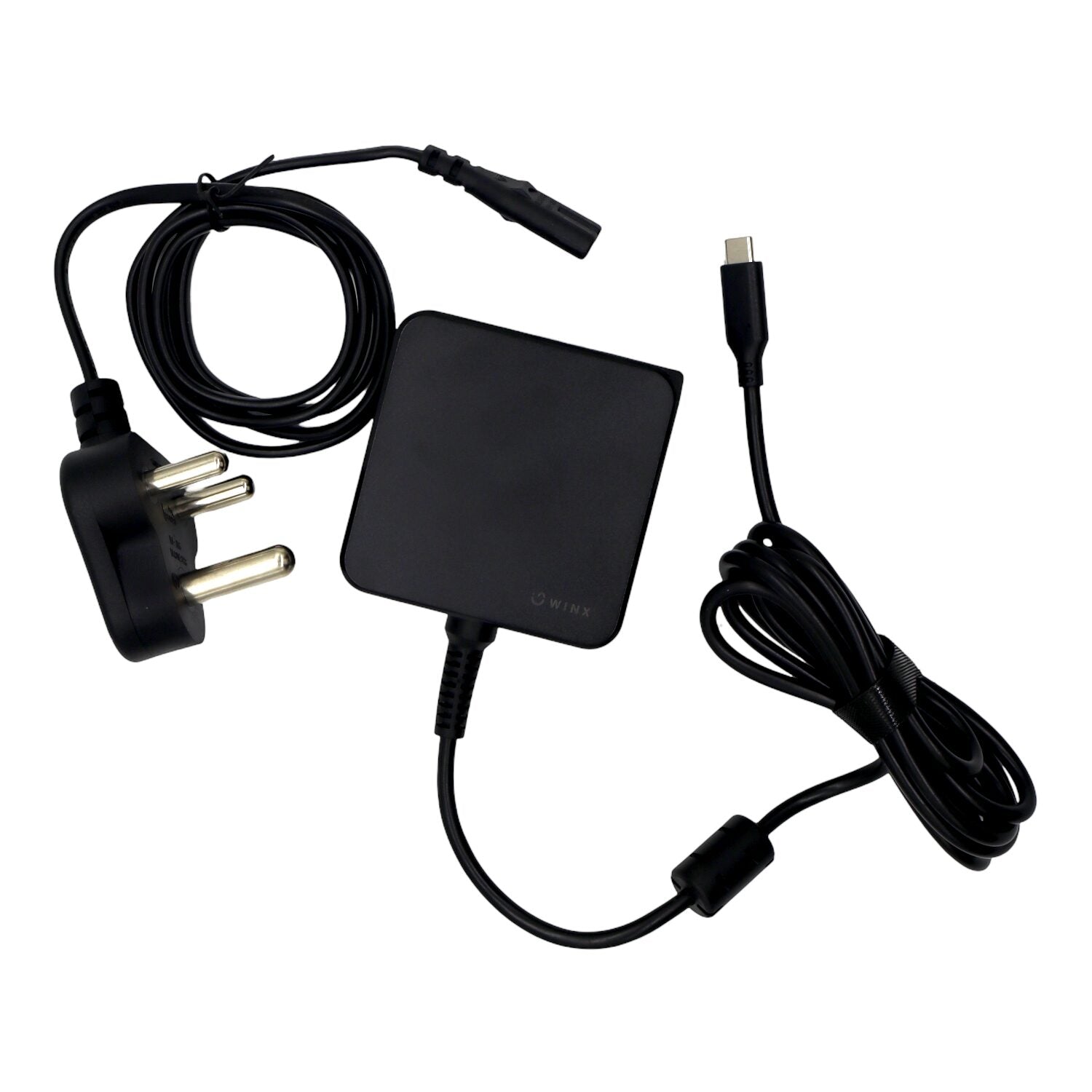 Black power adapter with multiple cables on a white background
