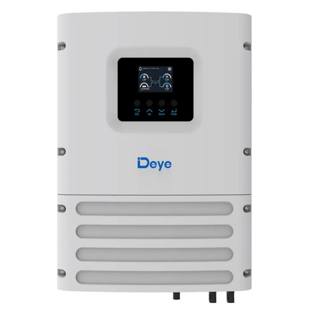 Deye Off-Grid 6kW Hybrid Inverter with a screen and 'Deye' branding on a white background