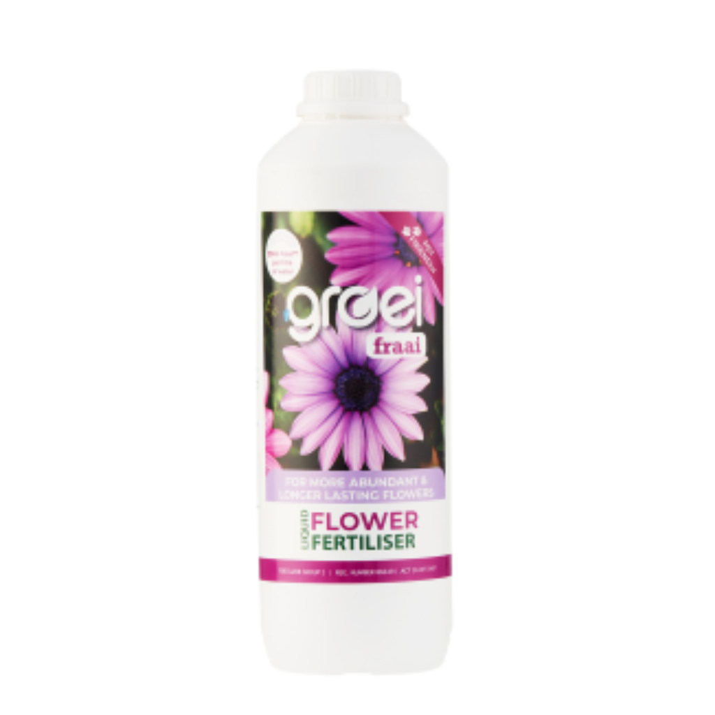 Groei flower fertilizer bottle with purple flower design on a white background