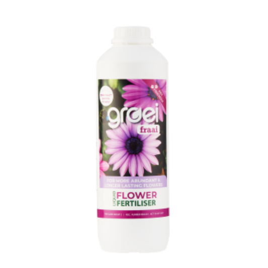 Groei flower fertilizer bottle with purple flower design on a white background