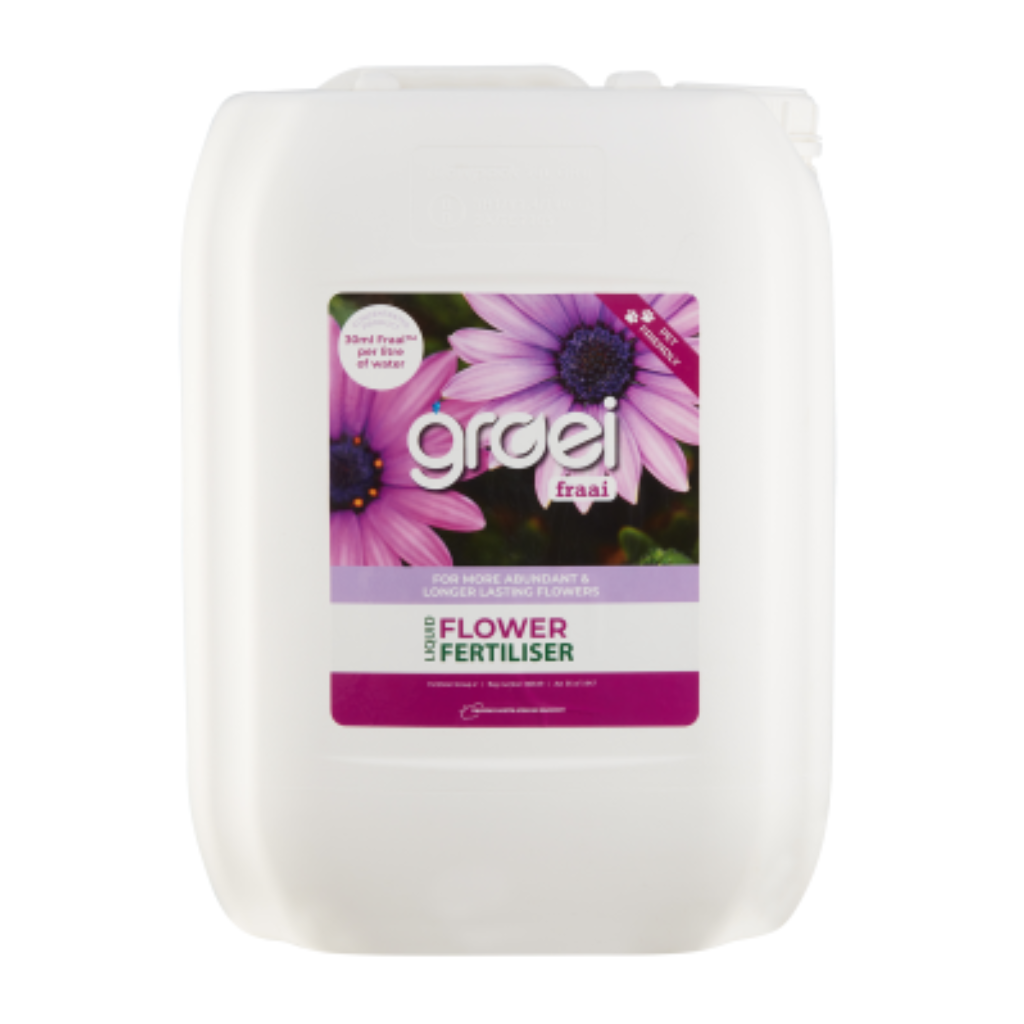 White container of flower fertilizer with a purple flower label on a white background