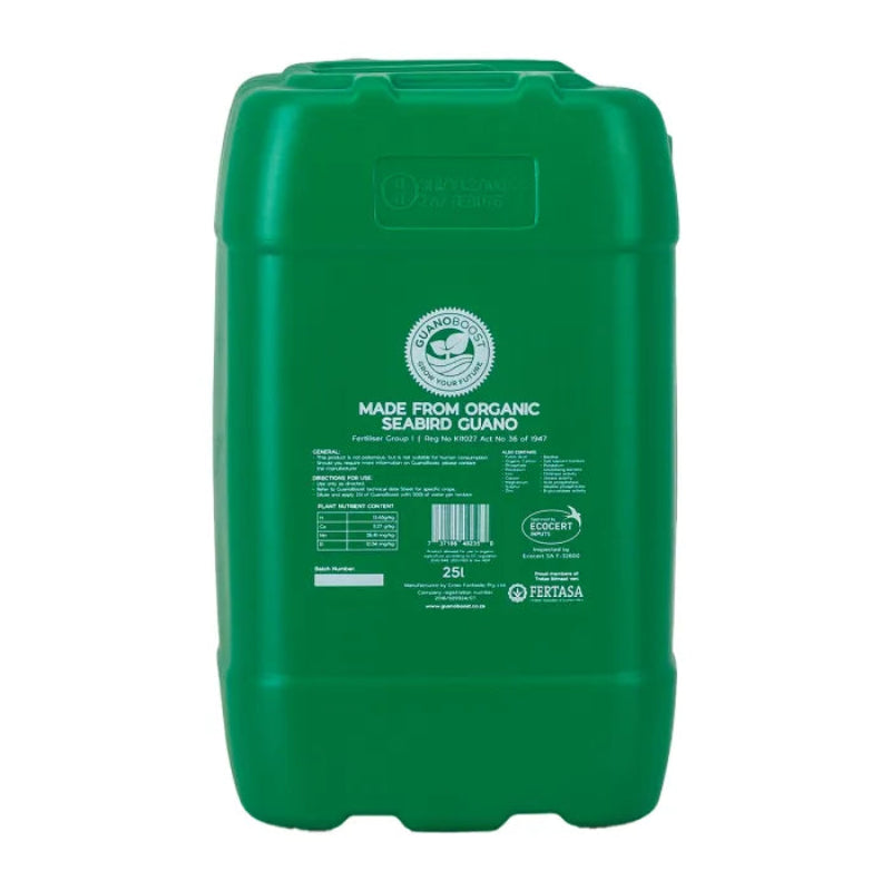 Green, 25 litre container labeled 'Guanoboost' and 'Made from Organic Seabird Guano' on a white background