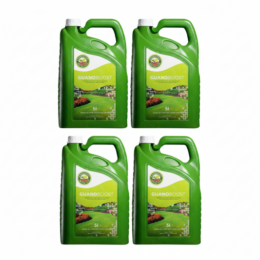 Four green containers of GuanoBoost on a white background
