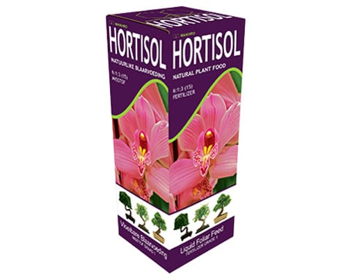 Hortisol plant food packaging with pink flowers on a white background