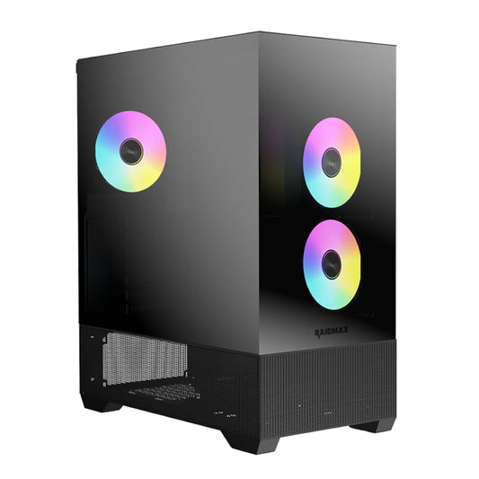A black Raidmax I801 AIR CHROME mid-tower gaming chassis with ARGB lighting on the front and side panels.