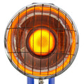 A portable Cadac gas heater with a red heating element and a blue base, designed to fit directly on all Cadac domestic gas cylinders.