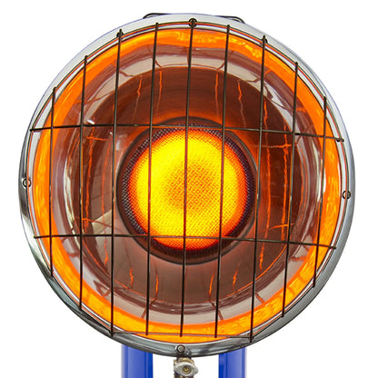 A portable Cadac gas heater with a red heating element and a blue base, designed to fit directly on all Cadac domestic gas cylinders.