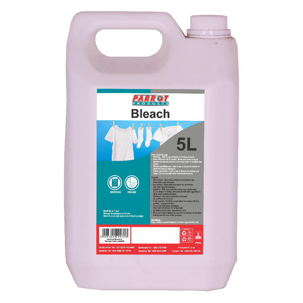 5L bleach container with Parrot Products label on a white background