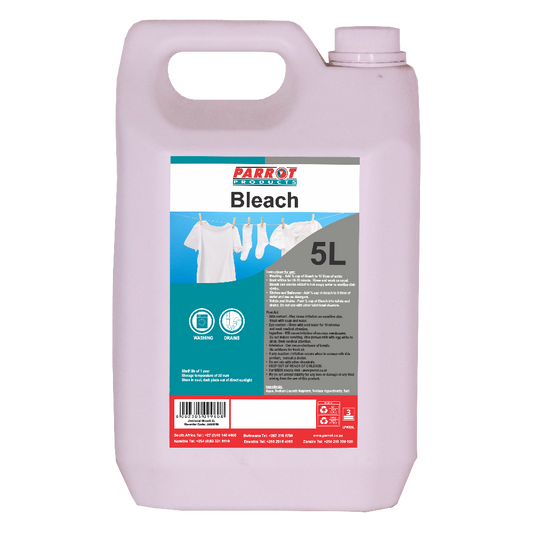 5L bleach container with Parrot Products label on a white background