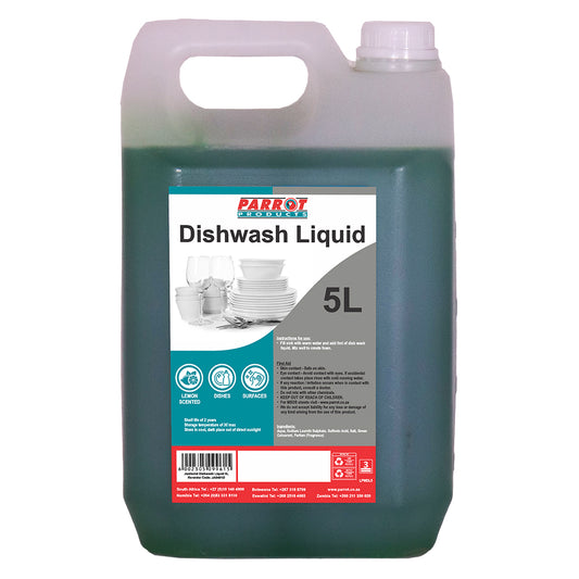 5L container of Parrot Products dishwash liquid on a white background