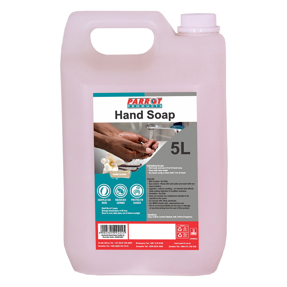 5L container of hand soap with a label on a white background